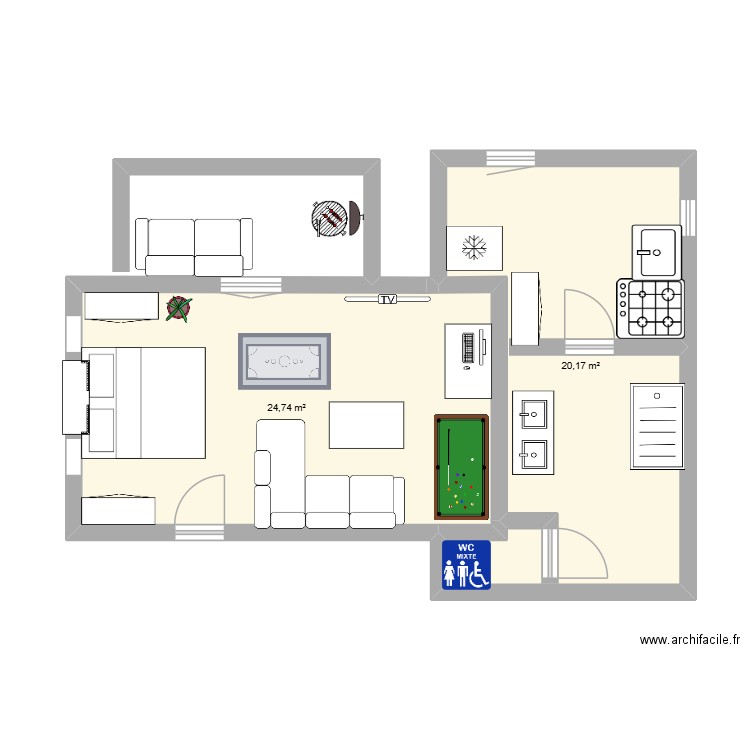 mon chambre. Plan de 2 pièces et 45 m2
