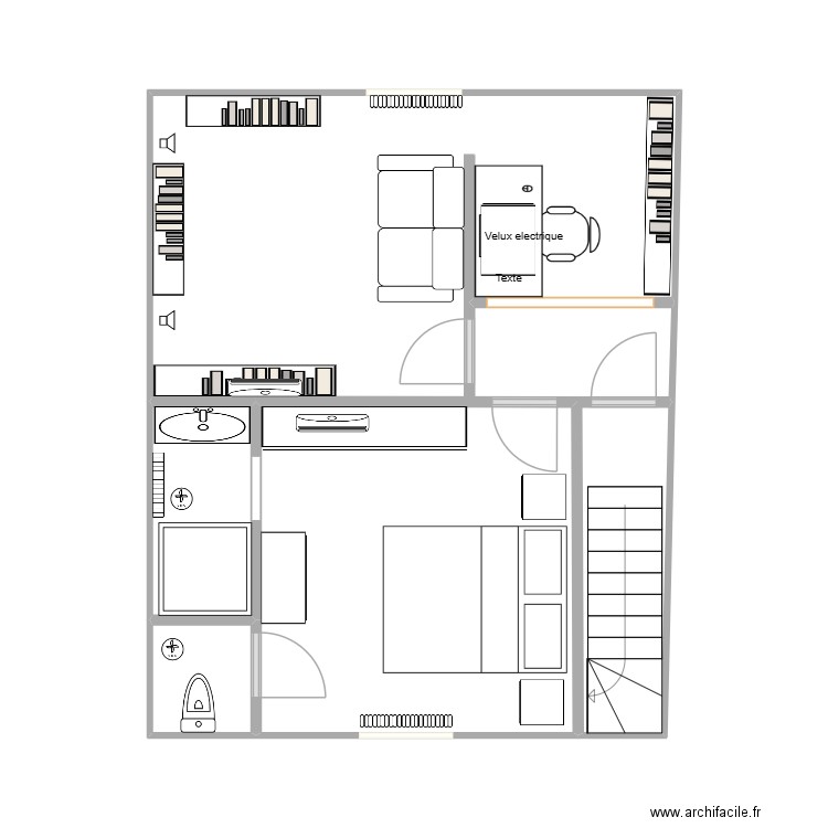 Chambre & salon accès garage meubles neufs 2. Plan de 4 pièces et 37 m2