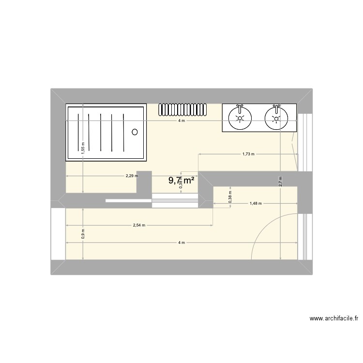 Salle de bain bas aquilon. Plan de 1 pièce et 10 m2