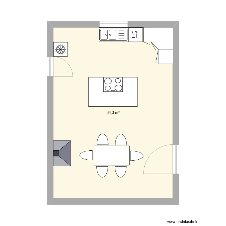 cuisine. Plan de 1 pièce et 34 m2
