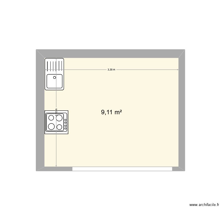 cuisine. Plan de 1 pièce et 9 m2