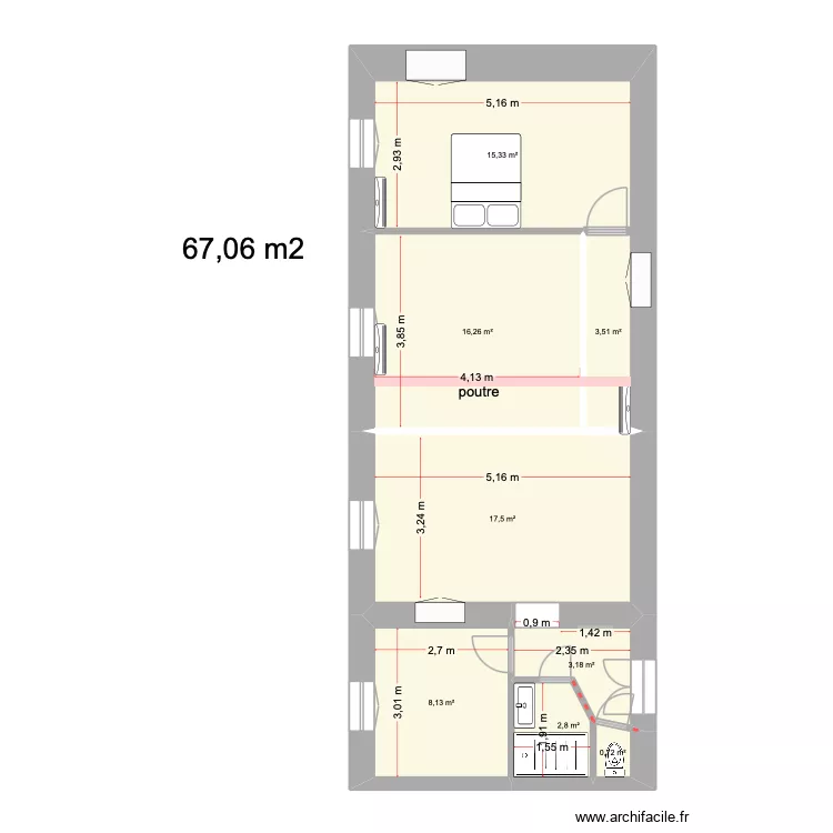 bastia &eacute;tat initial cloisons d&eacute;truites. Plan de 8 Pièces et 67 m²