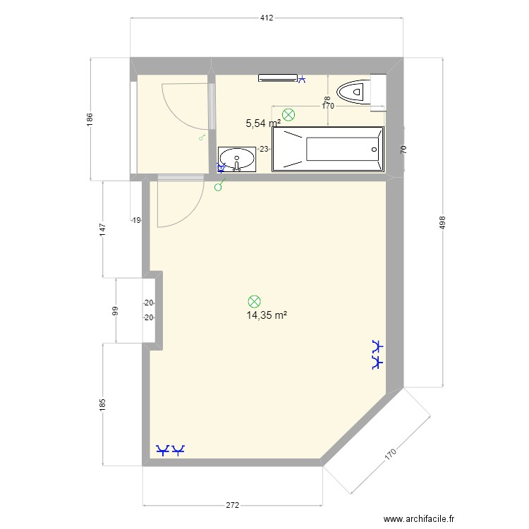 jf sdb haut + chambre haut 1. Plan de 2 pièces et 20 m2