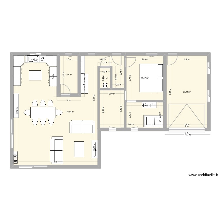 maison en L. Plan de 5 pièces et 112 m2