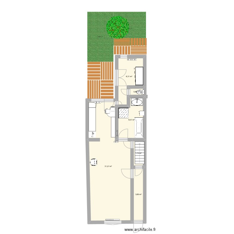 RDC Maison. Plan de 6 pièces et 50 m2
