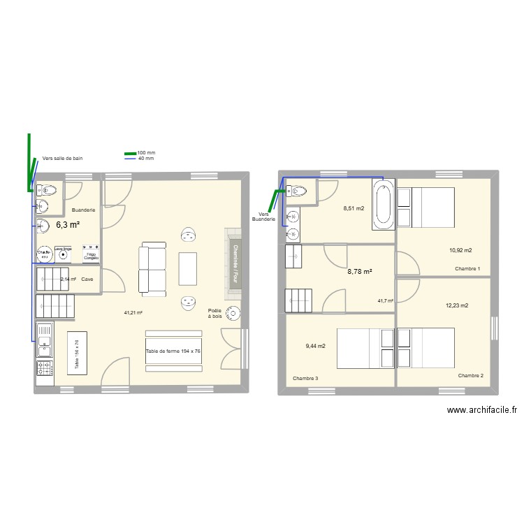 Plomberie PVC. Plan de 5 pièces et 100 m2