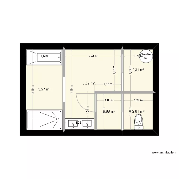 salle de bain. Plan de 5  et 18 m²