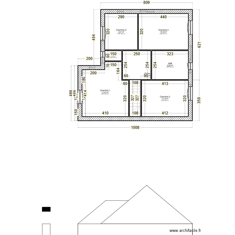 façade NORD. Plan de 12 pièces et 150 m2