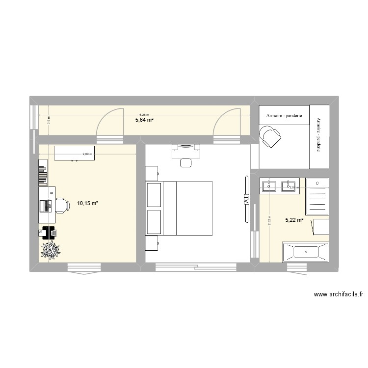 extension n°2. Plan de 3 pièces et 21 m2