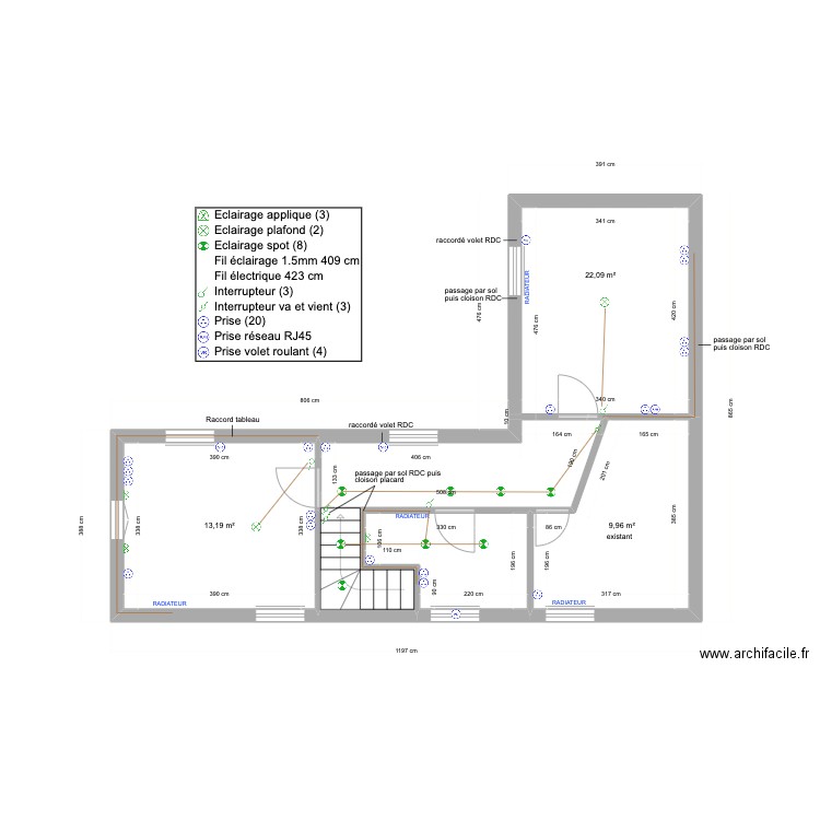 N+1 plan éléctrique. Plan de 5 pièces et 53 m2