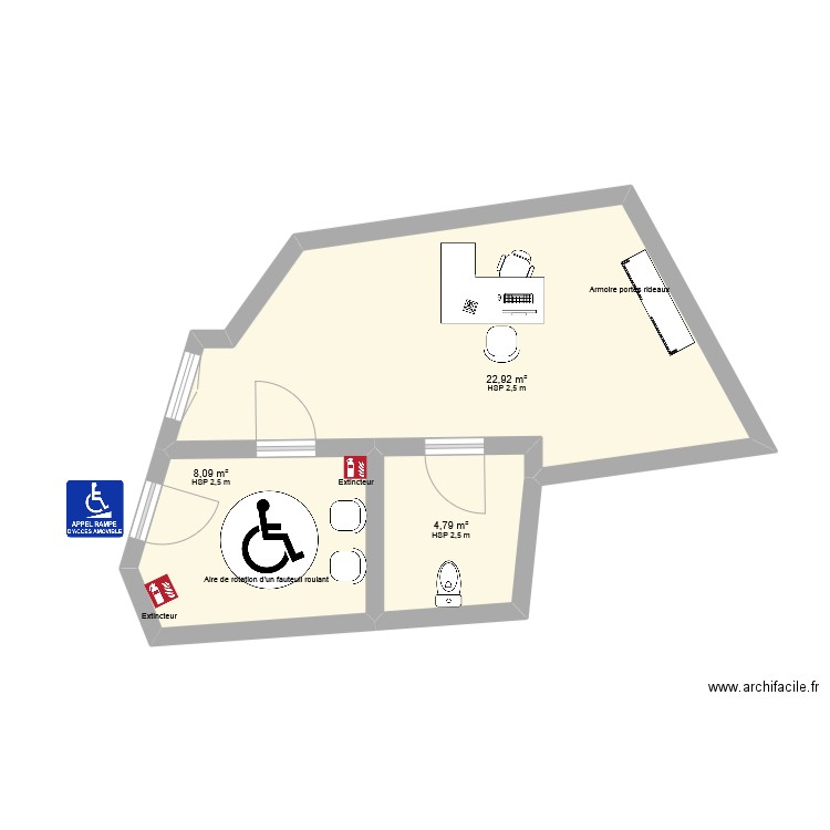 Plan accessibilité cabinet centré. Plan de 3 pièces et 36 m2