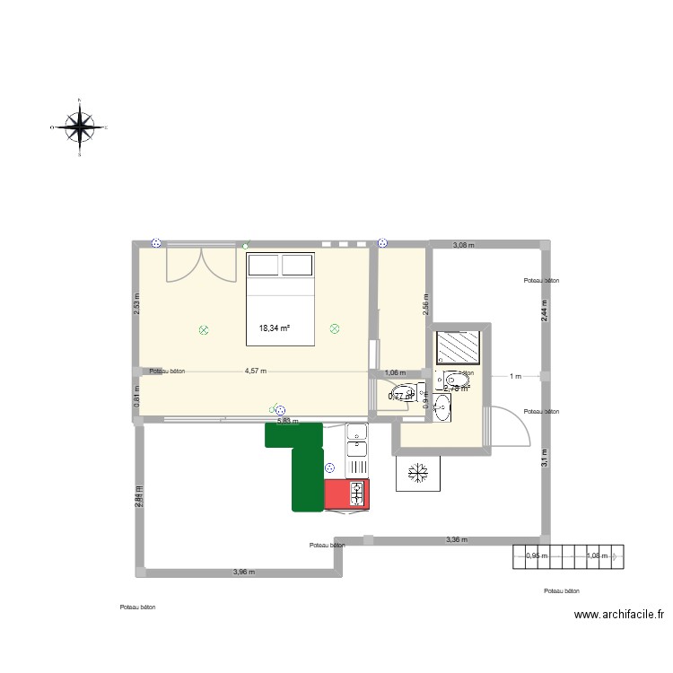 F Lama 3. Plan de 3 pièces et 22 m2