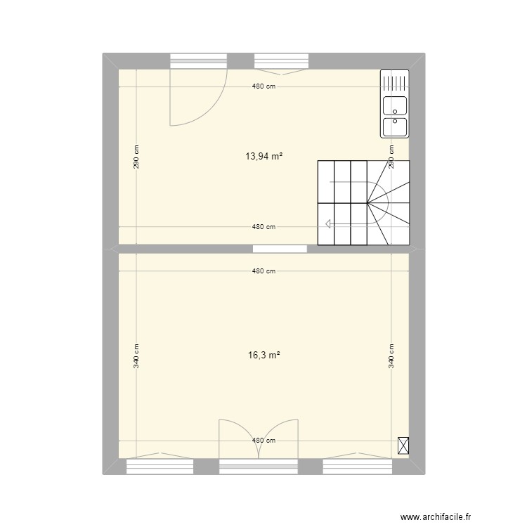 Cailly RDC existant. Plan de 2 pièces et 30 m2