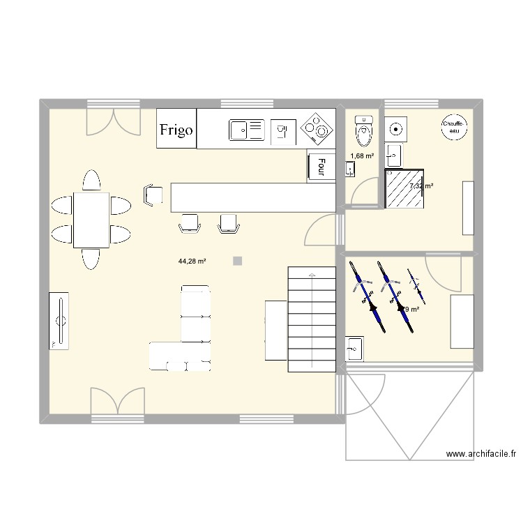 rdc cuisine salon. Plan de 4 pièces et 60 m2