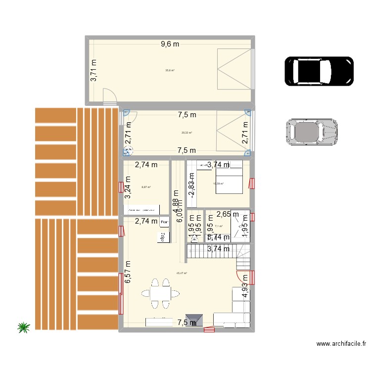 existant +projet. Plan de 6 pièces et 128 m2