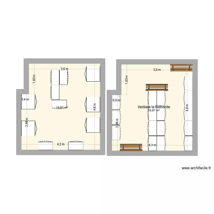 Vestiaire la rothonde. Plan de 2  et 38 m²