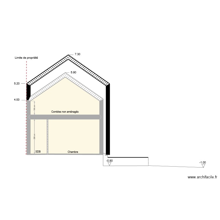 plan de coupe ouest. Plan de 2 pièces et 22 m2