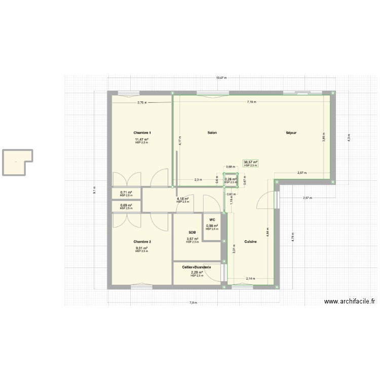 Appart pont. Plan de 1 pièce et 73 m2
