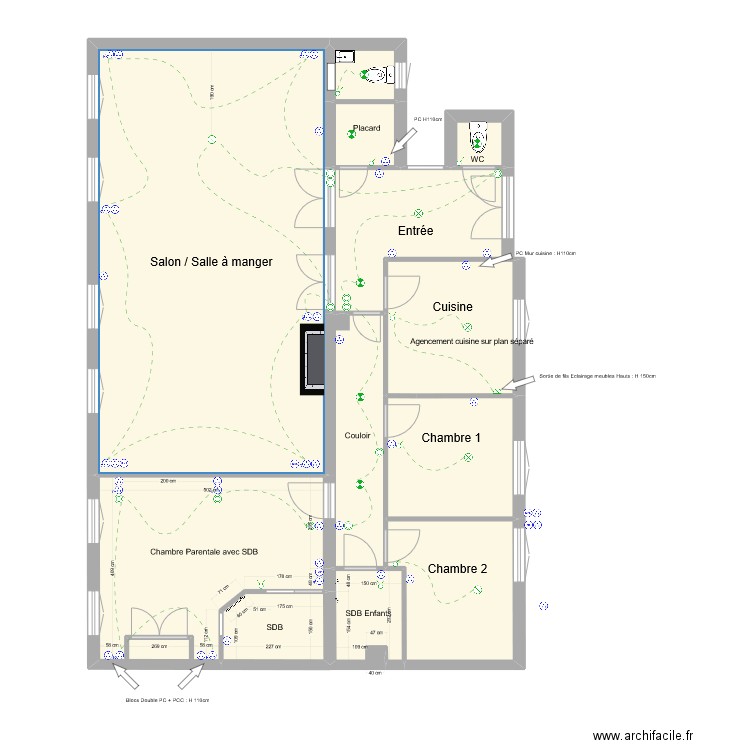 16 Ecoles Electricité. Plan de 12 pièces et 114 m2
