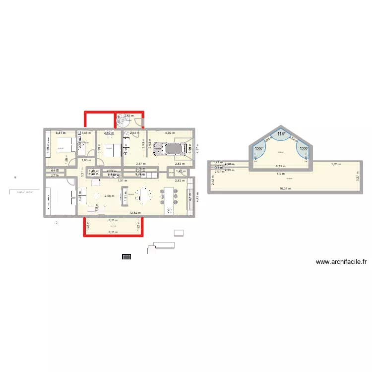 plan avec 3 chambres. Plan de 18  et 210 m²