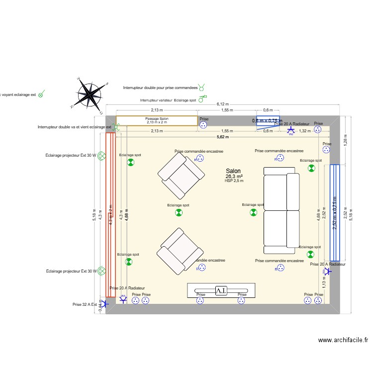 Salon. Plan de 1 pièce et 26 m2