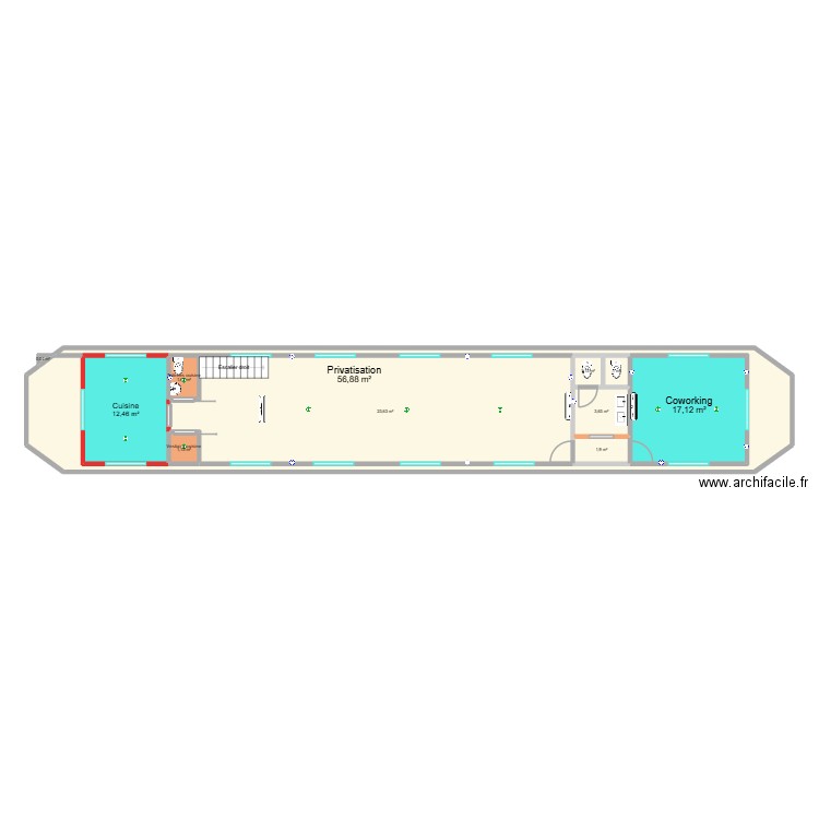Péniche niveau 2 - EPC. Plan de 11 pièces et 121 m2