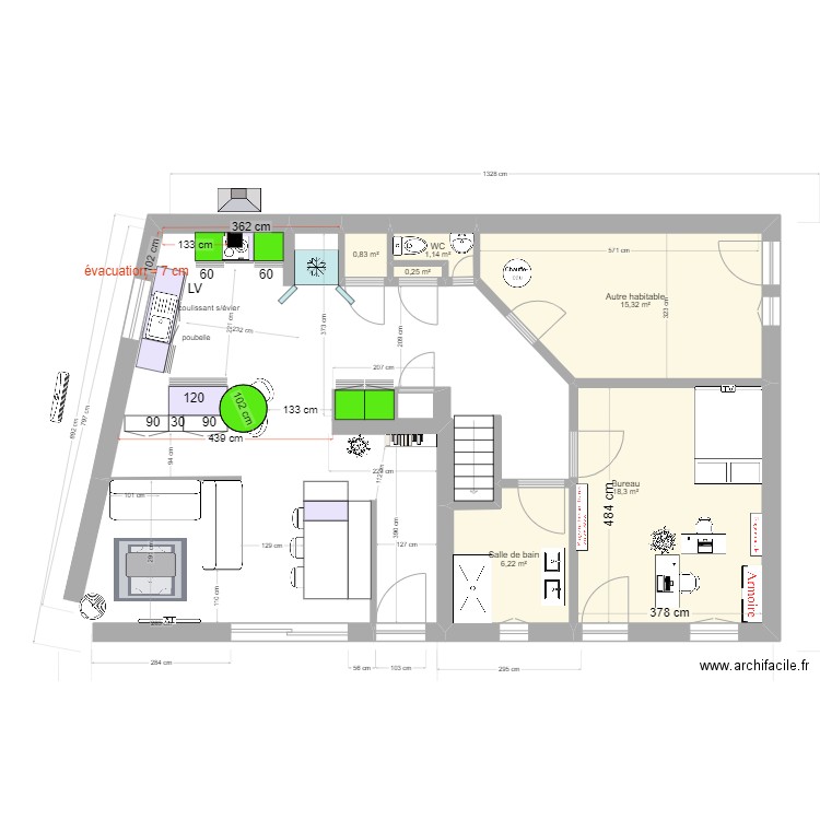 cuisine armoires. Plan de 14 pièces et 142 m2