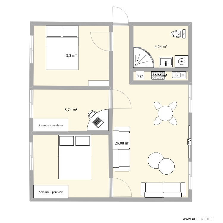 plan de 3 chambres salon avec salle à manger et cuisine. Plan de 5 pièces et 45 m2