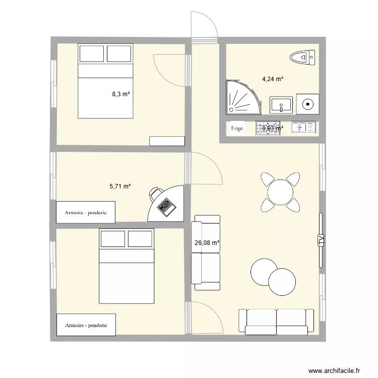 plan de 3 chambres salon avec salle &agrave; manger et cuisine. Plan de 