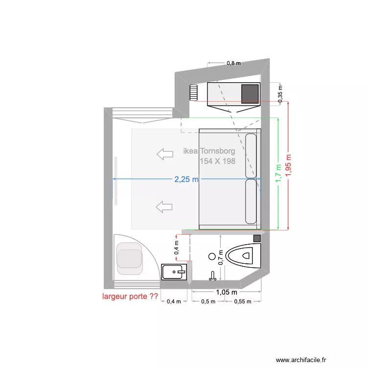 chambre mesures Youri. Plan de 1  et 6 m²