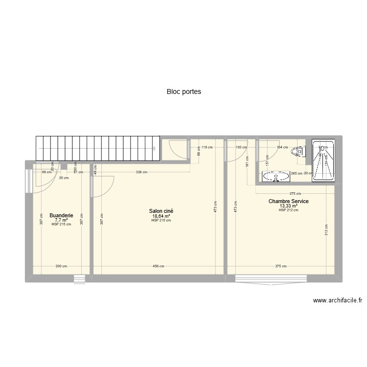 Studio Ciné Buanderie. Plan de 5 pièces et 44 m2