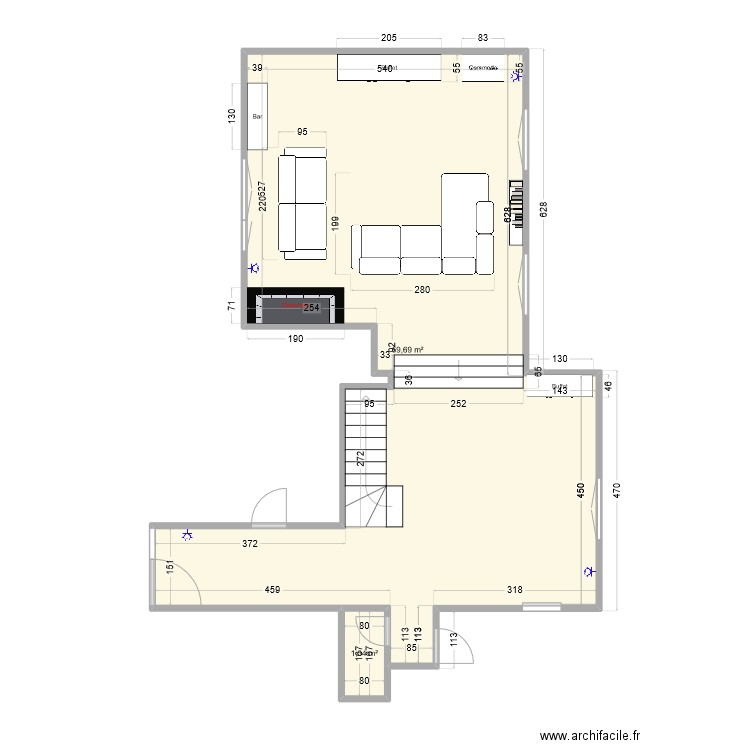 salon-séjour. Plan de 2 pièces et 61 m2