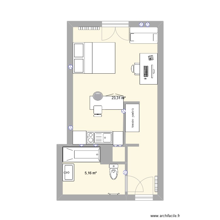 Appart. Plan de 2 pièces et 28 m2