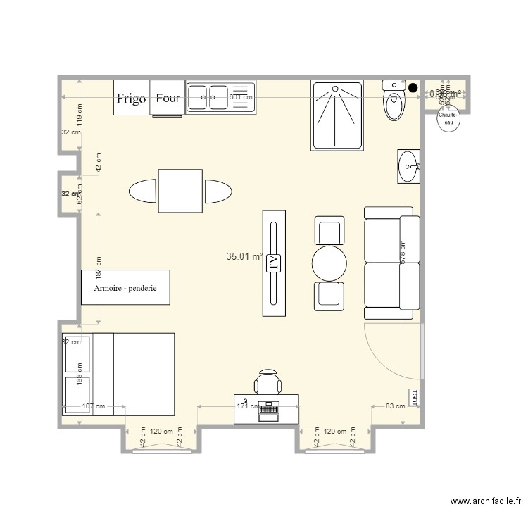 DARBEFEUILLE V1. Plan de 2 pièces et 35 m2
