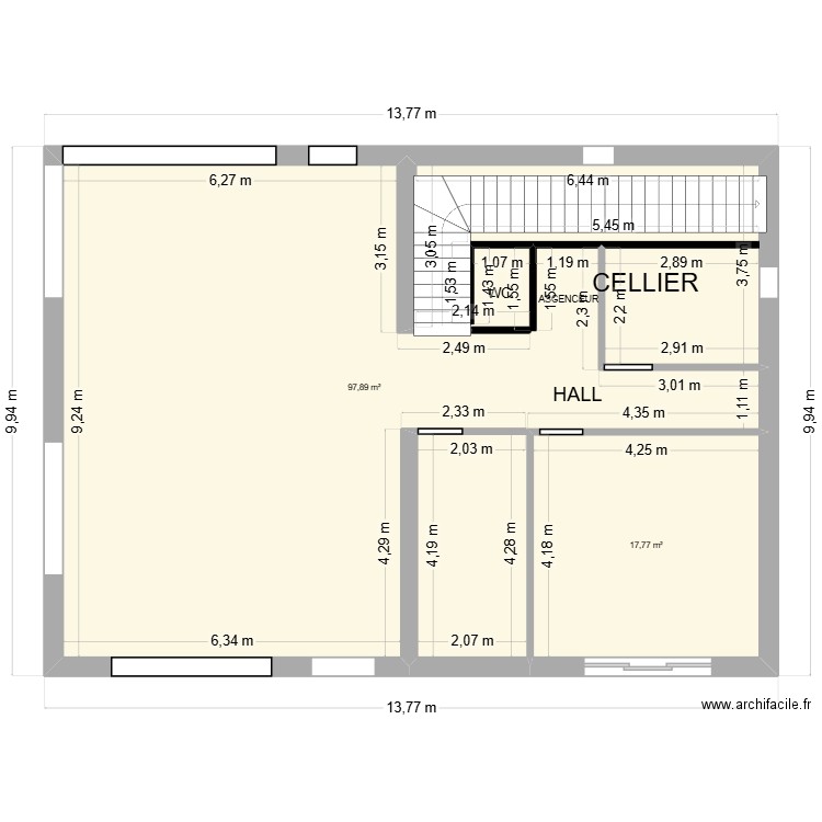 rez de chaussee. Plan de 2 pièces et 116 m2