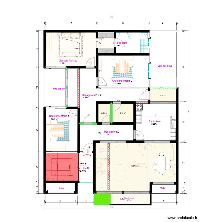 ETAGE. Plan de 6 pièces et 65 m2
