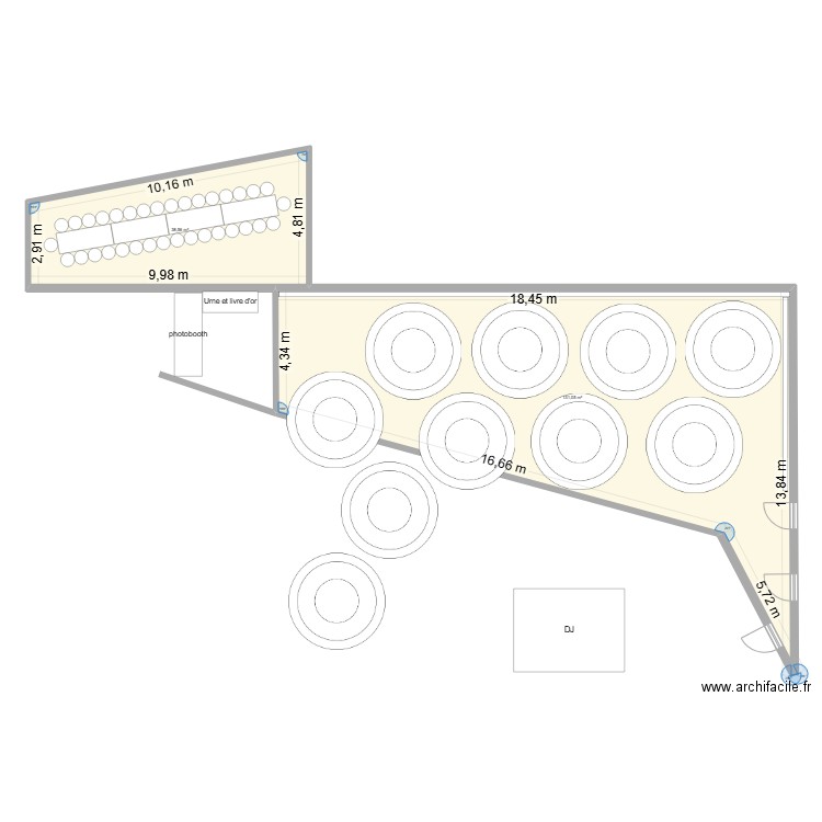 Salle mariage. Plan de 2 pièces et 170 m2