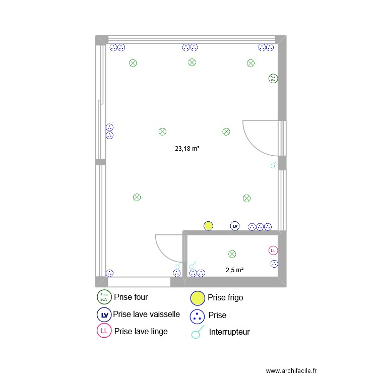 Cuisine électricité. Plan de 2 pièces et 26 m2