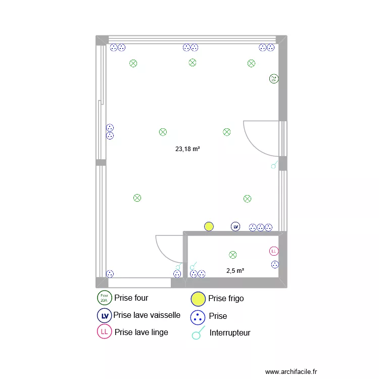 Cuisine &eacute;lectricit&eacute;. Plan de 2 pièces et 26 m²