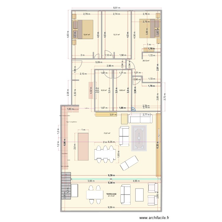 plan avec meubles. Plan de 7 pièces et 165 m2