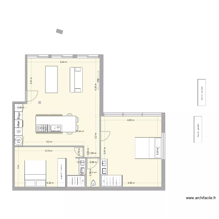 appart RDC. Plan de 2  et 82 m²
