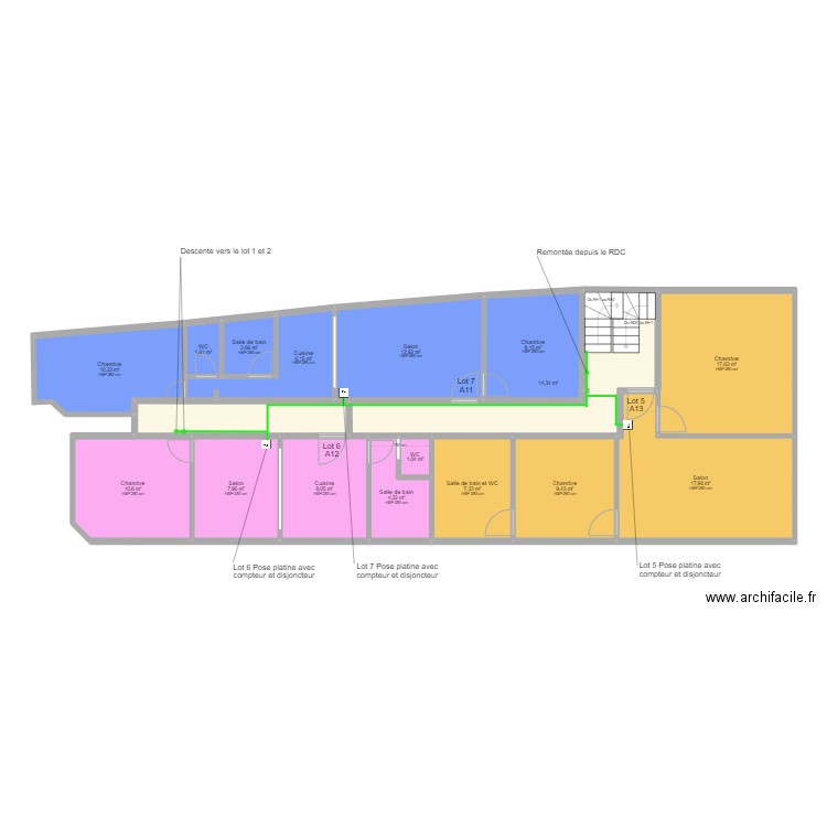 Vias R+1. Plan de 17 pièces et 148 m2