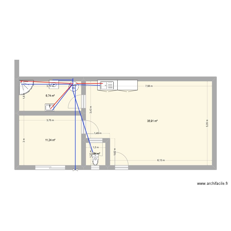 2E MAISON plan point d'eau. Plan de 4 pièces et 56 m2