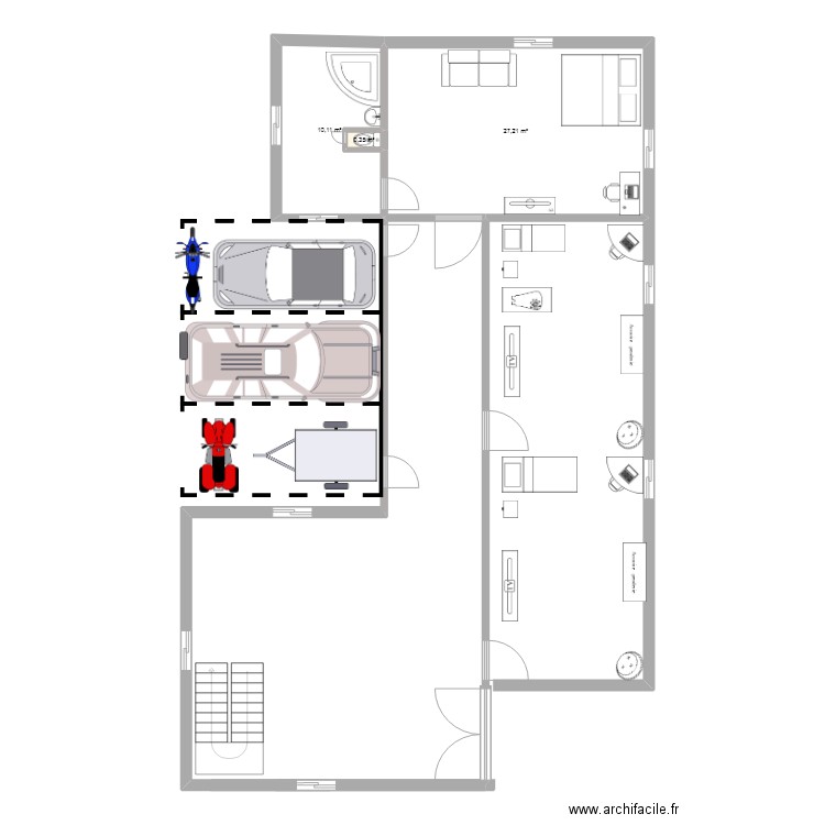 nuit. Plan de 3 pièces et 38 m2