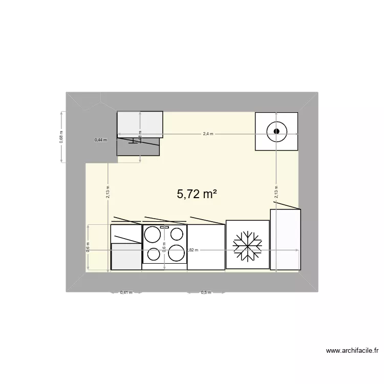 cuisine. Plan de 1  et 6 m²
