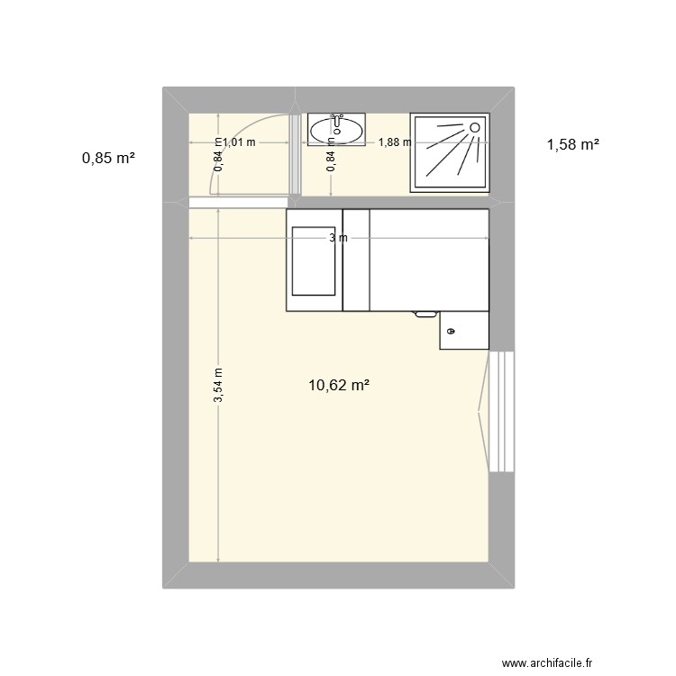 Chambre H _2. Plan de 3 pièces et 13 m2