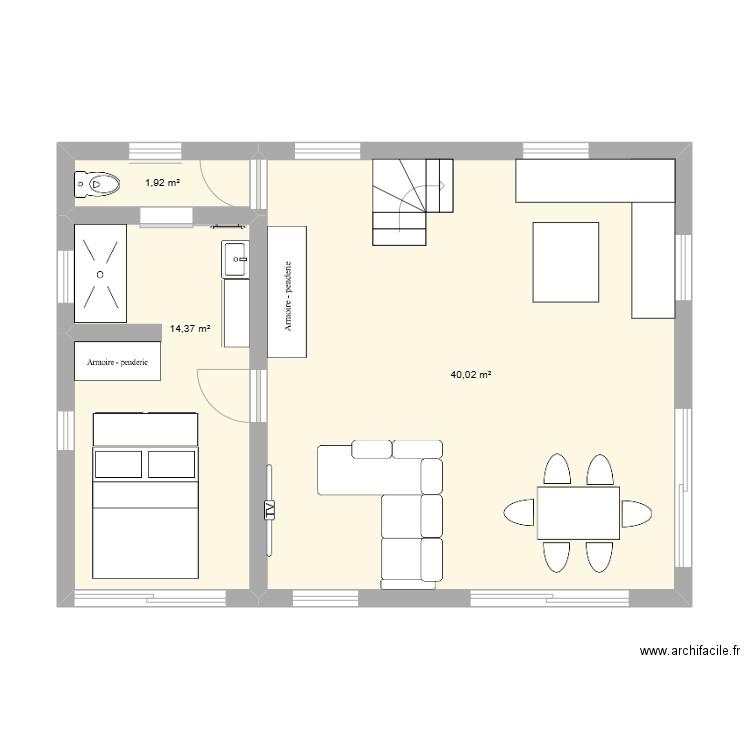 1er étage maison VSP. Plan de 3 pièces et 56 m2