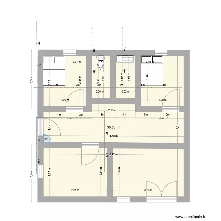 T2_maison. Plan de 1  et 37 m²