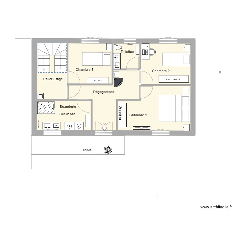 Etage projet V5 sans terrasse. Plan de 14 pièces et 124 m2