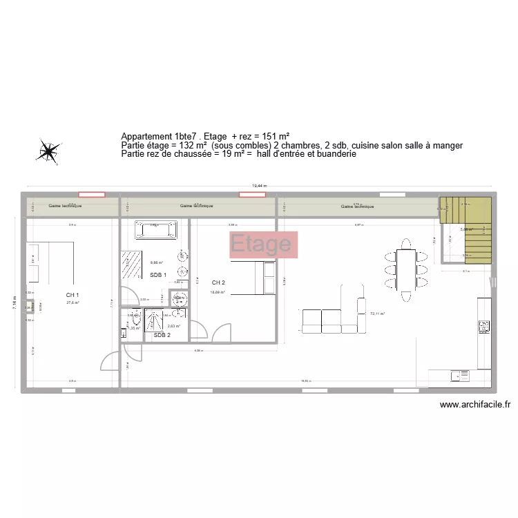 Appartement 1bte7. Plan de 12  et 153 m²